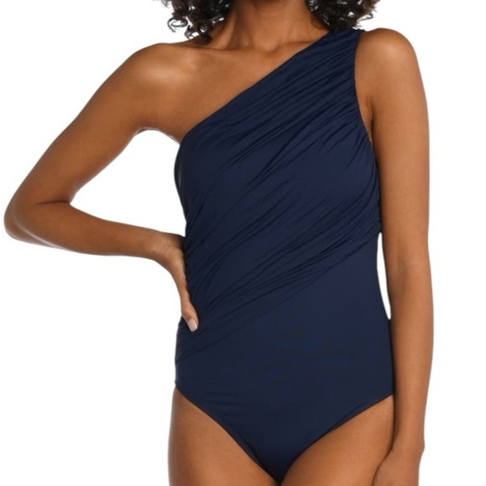La Blanca NWT $120 Island Goddess Shirred One Shoulder One‎ Piece Blue 12 M L